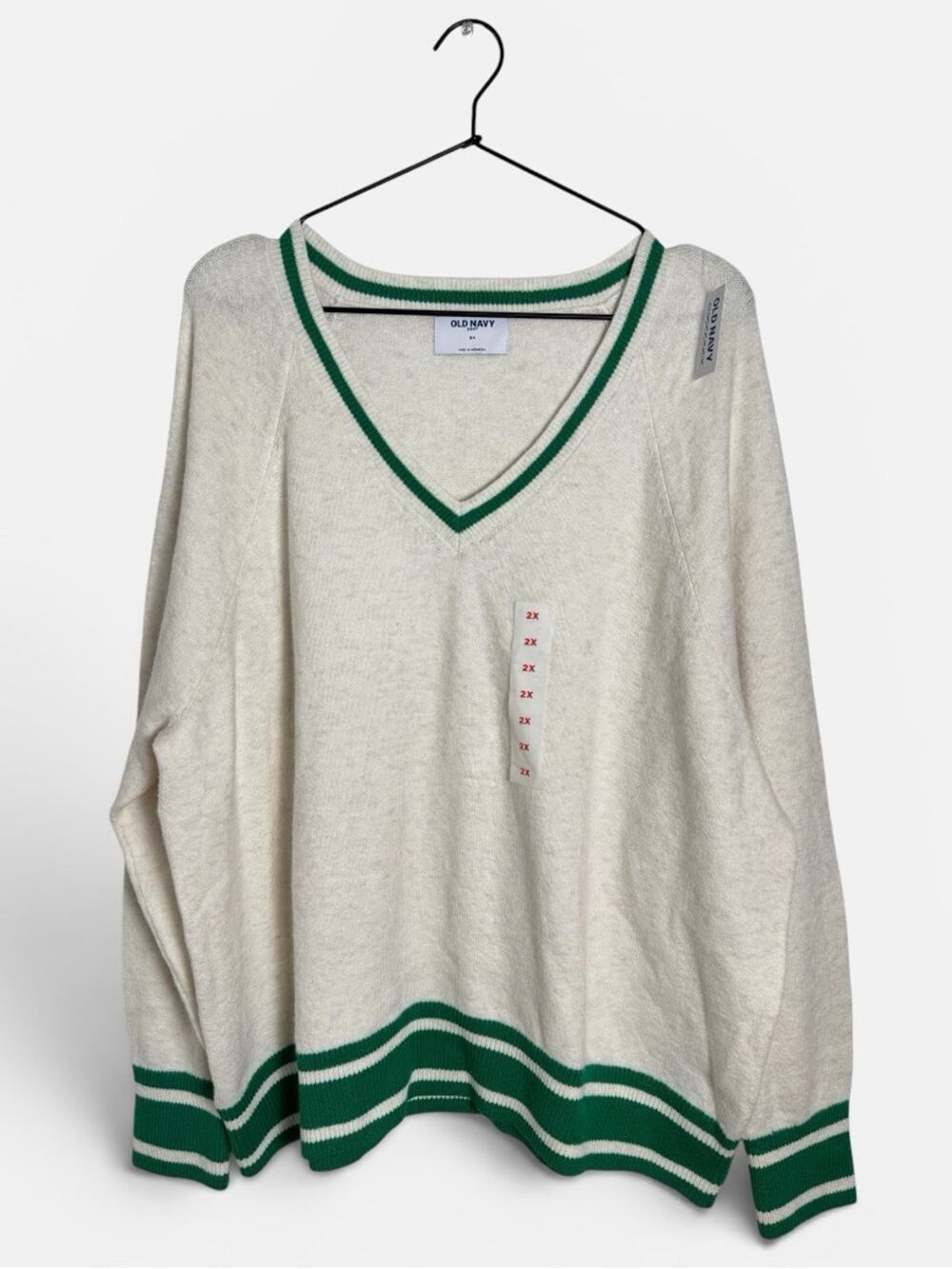 Old Navy SoSoft Loose V-neck Sweater Green and Heather Cream NWT Size 2X